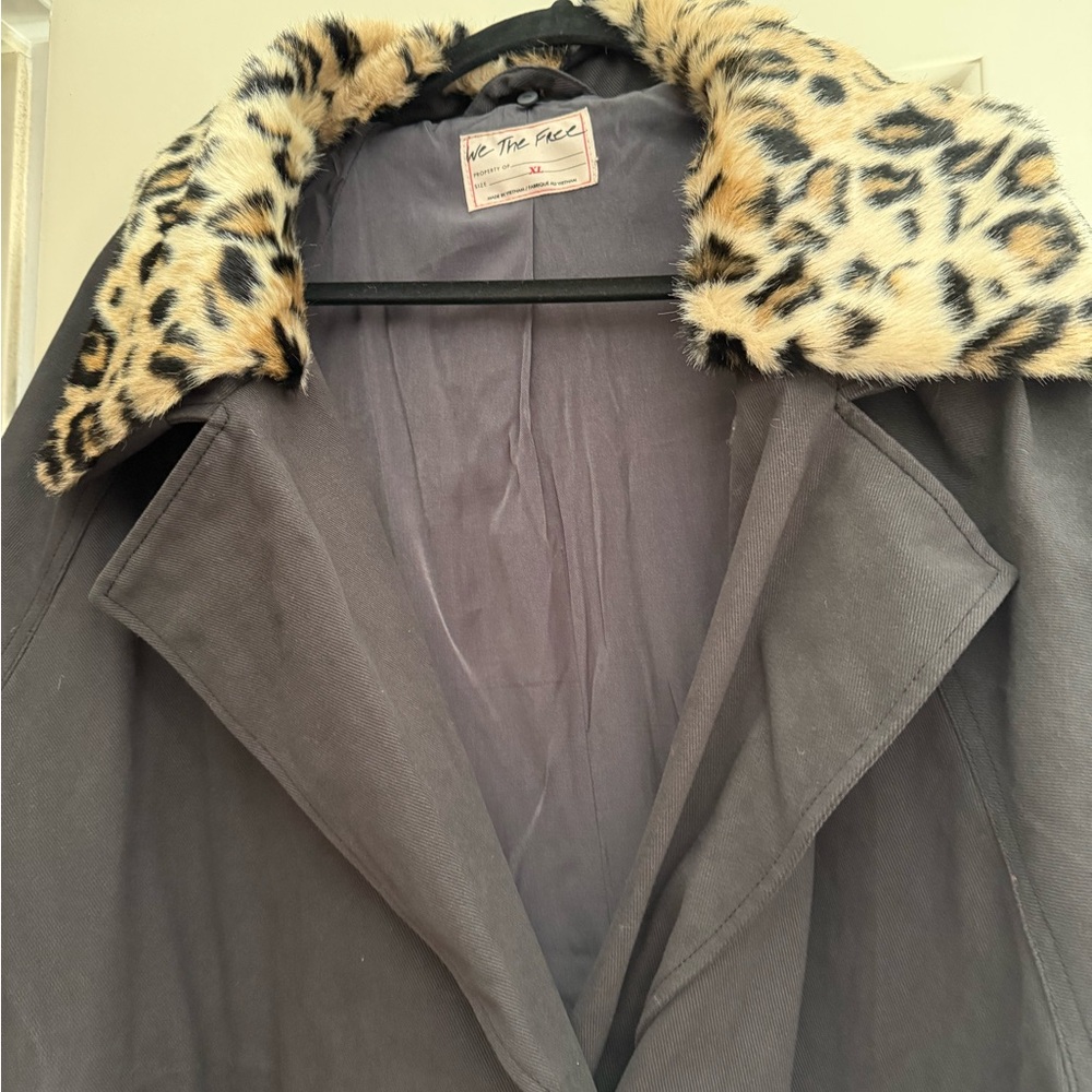 Free People Gray Trench Coat with Leopard Print Collar